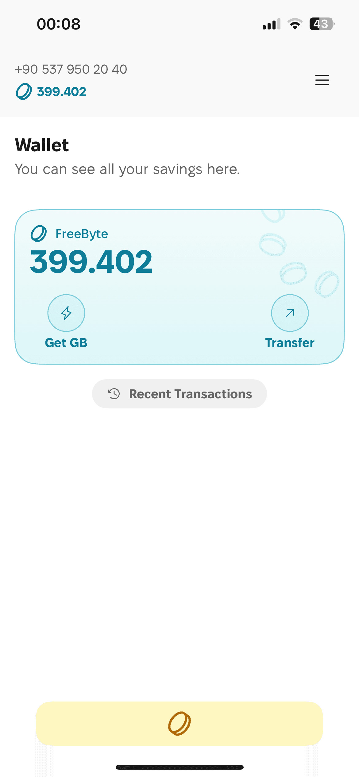 The 1GB app wallet screen showing a FreeByte balance
